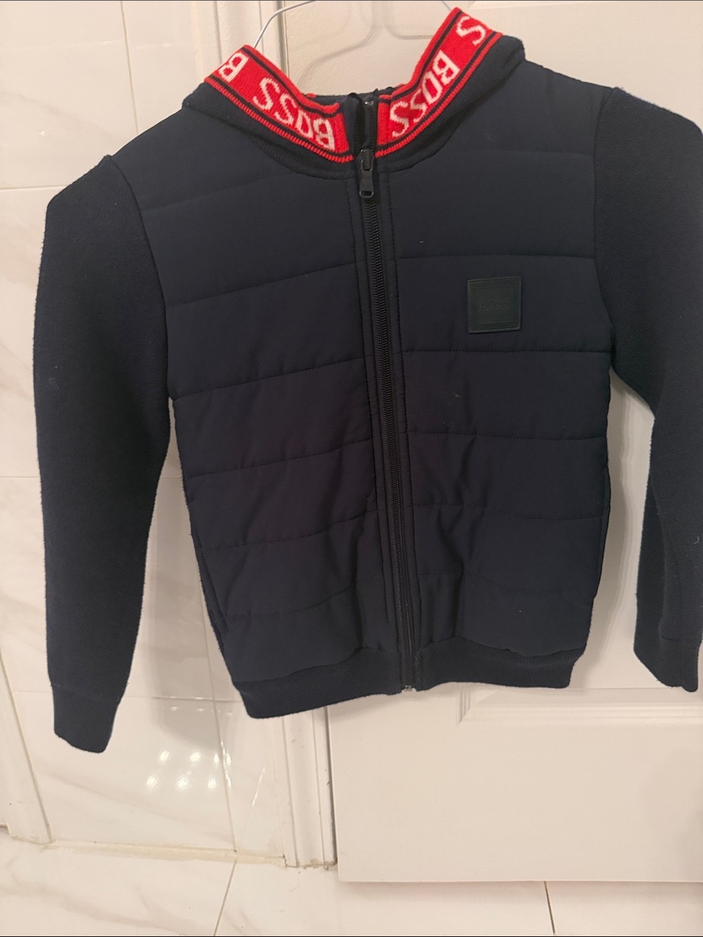 BOSS Kids Navy Quilted Zip Jacket with Red Logo Collar